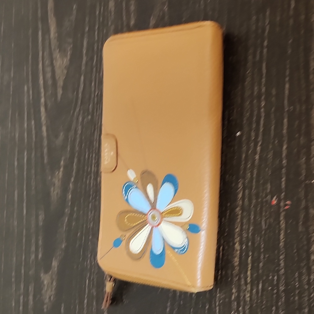 Fossil Tan Wallet with Blue and White Floral Accent
